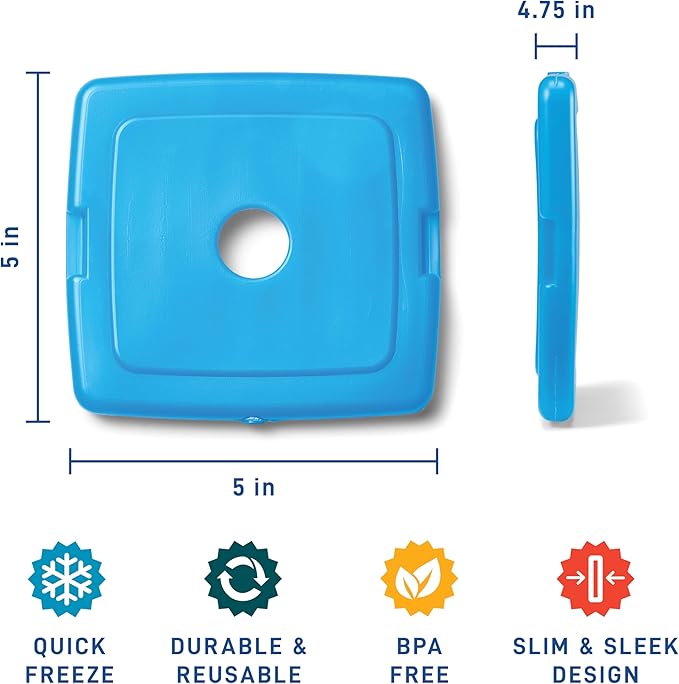 Cool Coolers By Fit & Fresh 8 Pack Slim Ice Packs, Quick Freeze Space Saving Reusable Ice Packs for Lunch Boxes or Coolers, Clear Blue Kids Ice, 8 Pack