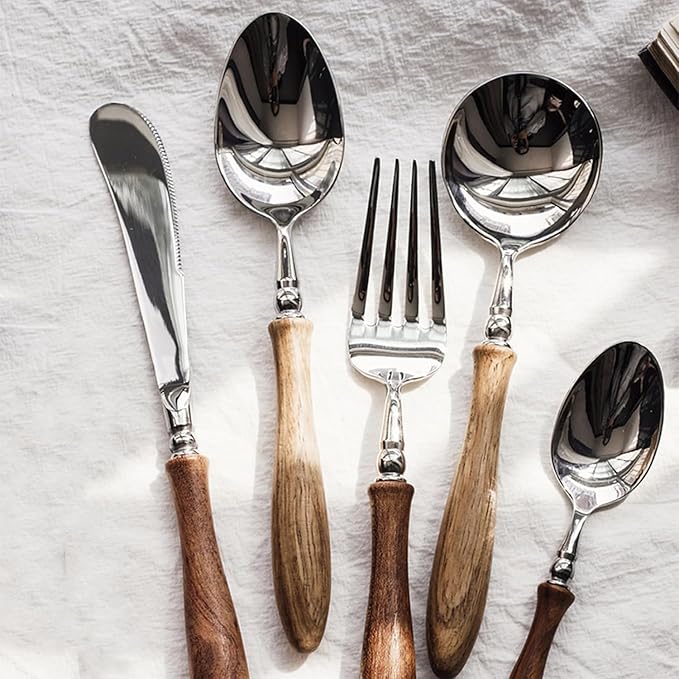 40 Piece Silverware Set Service for 8,Premium Wooden Handle Stainless Steel Flatware Set Home Include Fork Knife Spoon Set Gift Package for Christmas and Thanksgiving（Light Brown）