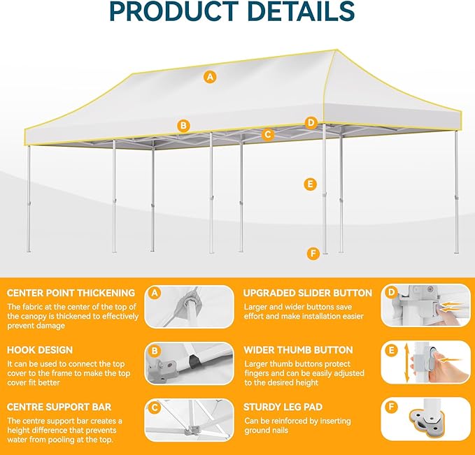 Hoteel 10x30 Pop Up Canopy Tent Heavy Duty Without Sidewalls, Waterproof Party Tent, Easy Set-up Commercial Instant Tents with Roller Bag & Sandbags, Hexagonal Leg (1-Year Warranty)