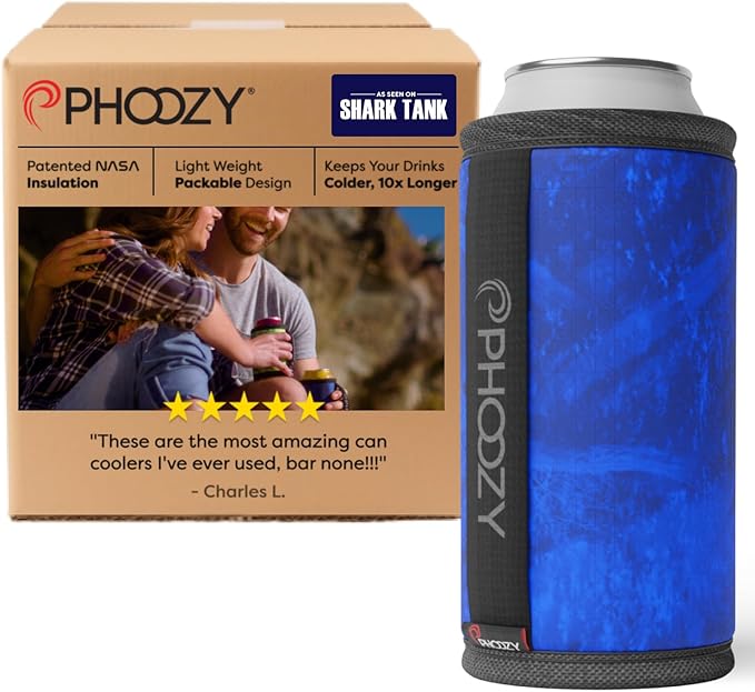 PHOOZY Insulated Can Cooler for Tall 16oz Cans with NASA-Inspired Technology - Patented Koozie That Keeps Drinks Cold 10x Longer - Lightweight Beer Koozie for Outdoor Adventures - Blue