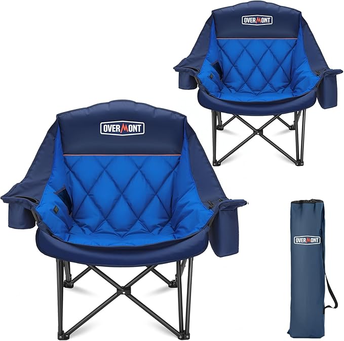 Overmont 2PCS Oversized Camping Chair for Adults - 400lbs Support Heavy Duty Padded Folding Chair with Cooling Bag Cup Holder Side Pocket Carry Bag - Comfortable Portable for Outdoor Garden Sports