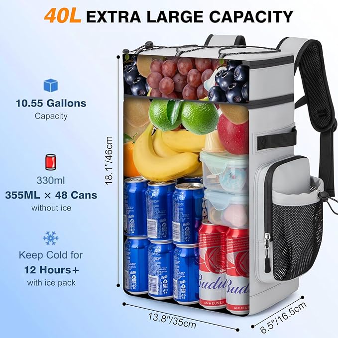 Insulated Cooler Backpack, 40L Leakproof Backpack with Double Compartments for Men & Women, Large Lunch Cooler for Camping, Beach, Travel, Picnic, Up to 48 Cans