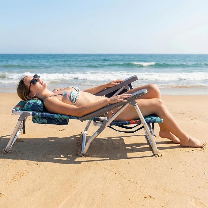 Goplus Beach Chair, Folding Backpack Beach Chairs for Adults with 5 Positions, Head Pillow, Cooler Bag, Towel Bar, Cup Holders, Sunbath Sling Tanning Lounge, Foldable Layout Camping Chairs