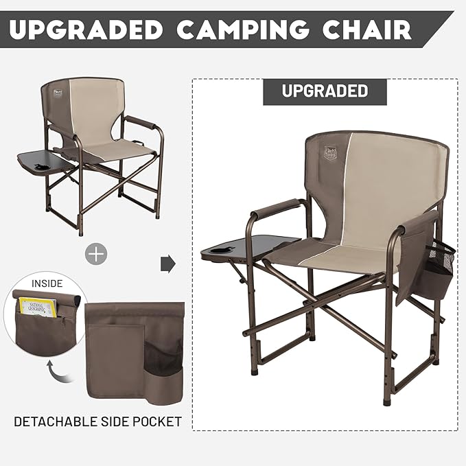 TIMBER RIDGE Lightweight Oversized Camping Chair, Aluminum Directors Chair with Side Table for Outdoor Camping, Lawn, Picnic and Fishing, Supports 400lbs, Tan 2Pack