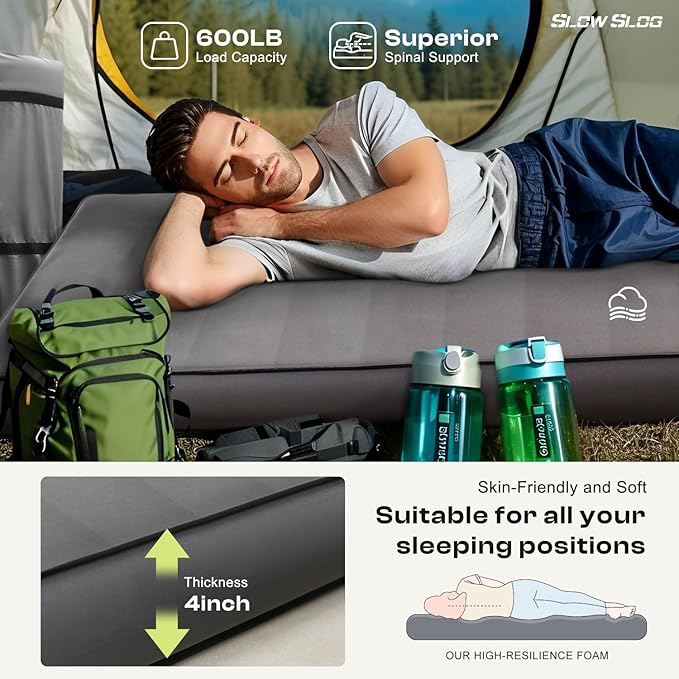 Self-Inflating Sleeping Pad with Portable Electric Air Pump, 4in Thick Memory Foam Camping Mattress for Tent Cot & Car Travel, Fast Inflate & Deflate Camping Pad