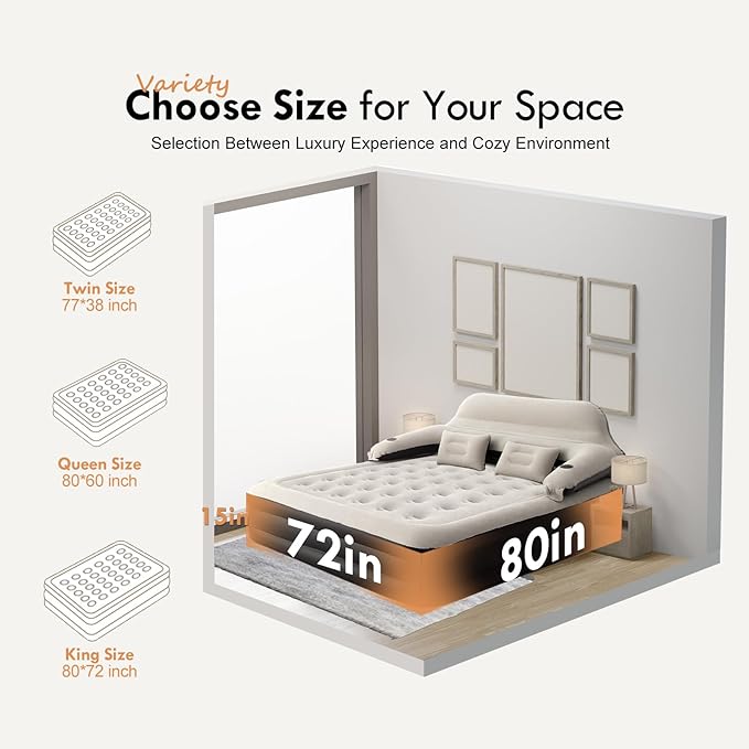 DIMAR GARDEN King Size Air Mattress with Headboard and Pump,Blow Up Mattress Inflatable Bed with Pillows