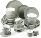 Creative Ceramic Tableware, 36 Pieces Ceramic Full Set of Tableware, Gray-Green Soup Plates, Dinner Plates, Dessert Plates, Cereal Bowls, Coffee Cups, Saucers for 6 People (36 Pcs
