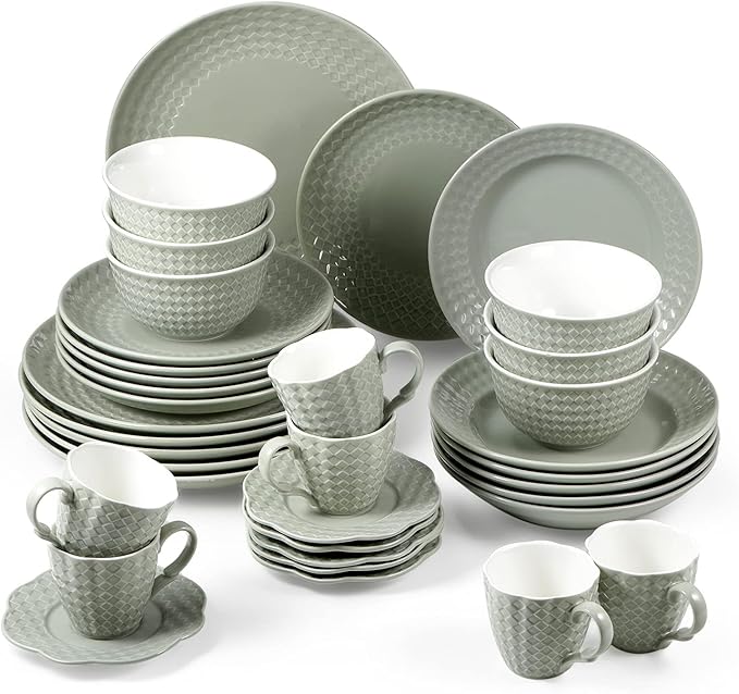 Creative Ceramic Tableware, 36 Pieces Ceramic Full Set of Tableware, Gray-Green Soup Plates, Dinner Plates, Dessert Plates, Cereal Bowls, Coffee Cups, Saucers for 6 People (36 Pcs