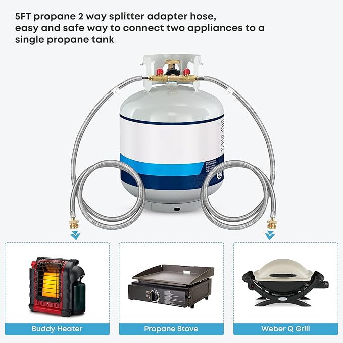Stanbroil 5 Feet Stainless Braided Propane 2 Way Splitter Adapter Hose with Shut Off Valve Perfect for Camping, Heater, Grill, Stove