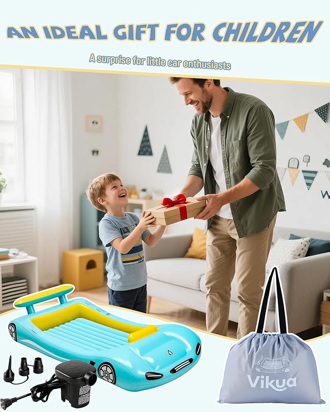 Vikua Inflatable Toddler Travel Bed with Safety Bumpers & Quick-Inflating Pump, Portable Blow Up Air Mattress for Kids with Carry Bag, for Home, Travel, Camping, Sleepovers, 330lbs Support (Blue)