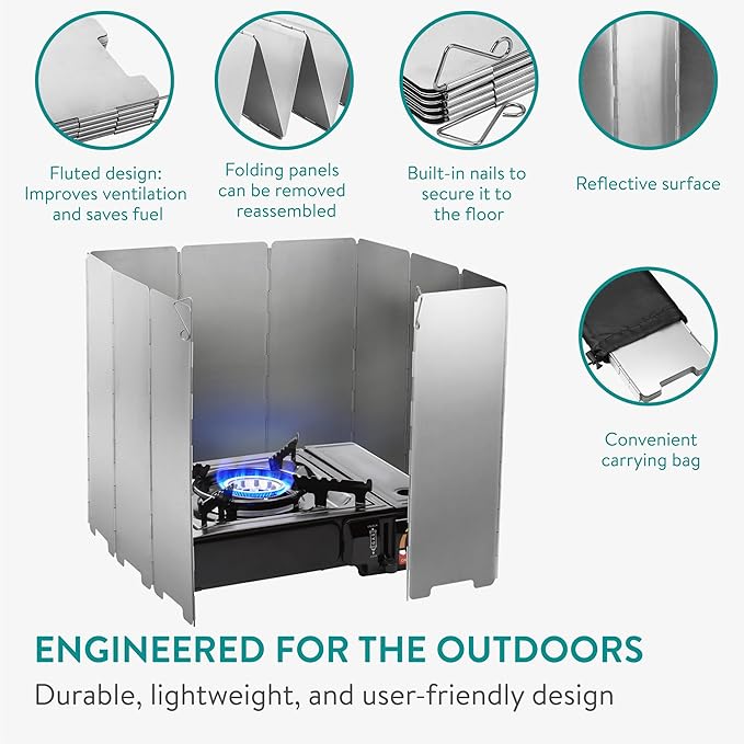 Navaris Foldable Camping Cooking Windshield 10pcs - Portable Camp Stove Windscreen Enhances Efficiency - Durable Aluminum Grill Wind Shield Blocker for Picnics BBQ & Backpacking