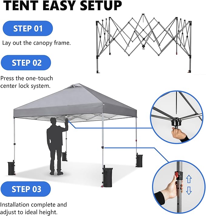 OLIXIS 10x10ft Pop Up Canopy Tent, Heavy Duty 1-Person One Push Setup, Portable Outdoor Shelter for Beach, Events, Camping Includes Rolling Carry Bag, Grey