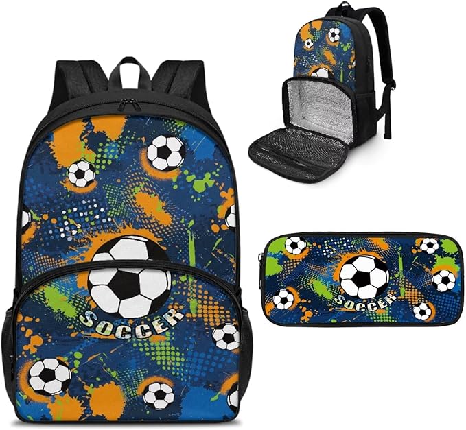 Lunch Bag Soccer Backpack for Boys with Insulated Cooler Lunch Box Backpack with Pen Pouch 2 Pcs Travel Laptop Backpack Computer College Bag for Kids Schoolbag