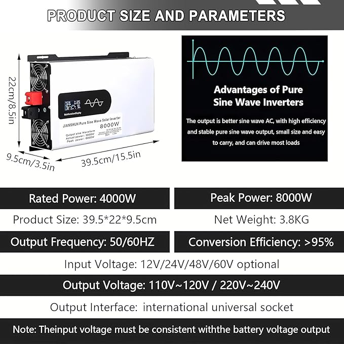 5000-12000w Pure Sine Wave Inverter Camping Inverter Portable Power, DC 12 V, 24 V, 48 V, 60 V, 72 V a CA 110 V for Home/RV/Truck/Car/Camping/Solar 12V-8000W