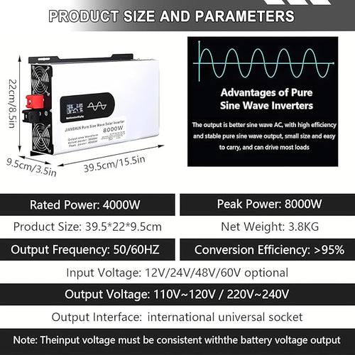 5000-12000w Pure Sine Wave Inverter Camping Inverter Portable Power, DC 12 V, 24 V, 48 V, 60 V, 72 V a CA 110 V for Home/RV/Truck/Car/Camping/Solar 12V-8000W