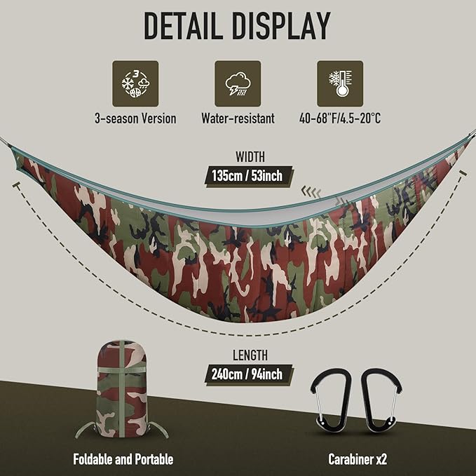 Single & Double Hammock Underquilt, Insulated Camping Quilt for Warm Sleeping, Easy to Setup and Packable for Camping, Hiking, Travel, Beach, Backyard, Patio (Camouflage)