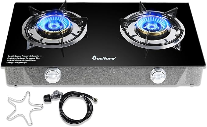 Gas Stove 2 Burner Propane Stove Two Burner Gas Cooktop, Tempered Glass Auto Ignition LPG Cooker, Suitable for Outdoor/Camping/RVs