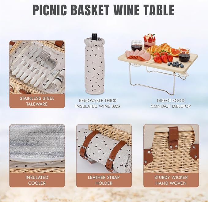 HappyPicnic Picnic Basket for 2, Handmade Wicker Picnic Set with Folding Table and Waterproof Blanket, Large Insulated Picnic Basket with Wine Bag & Cutlery Kit for Picnic, Camping, Holidays (Flower)