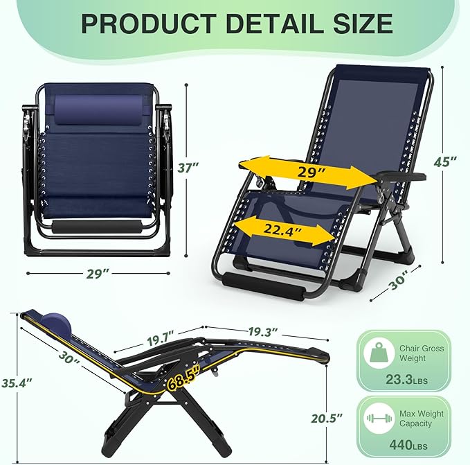 Suteck Oversized Zero Gravity Chair,29In XL Lounge Chair w/Removable Cushion&Headrest, Reclining Camping Chair w/Upgraded Lock and Footrest, Reclining Patio Chairs Recliner for Indoor Outdoor