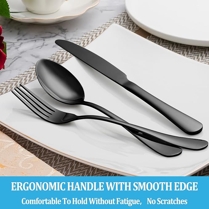 20 Pcs Black Silverware Set, Stainless Steel Flatware Set Service for 4, Mirror Polished Cutlery Utensil Set, Durable Home Kitchen Eating Tableware Set, Include Fork Knife Spoon Set, Dishwasher Safe