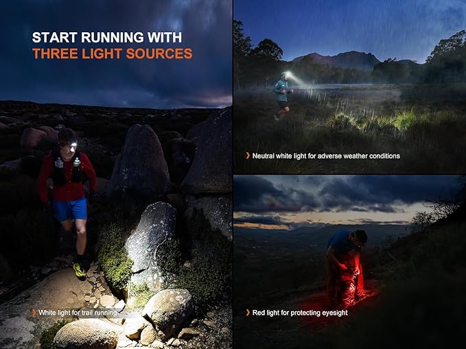 Fenix HP12R-T 1300 Lumen Rechargeable Running Headlamp – Split Battery Design, White/Neutral White/Red Light Modes with Lumentac Organizer (Red)