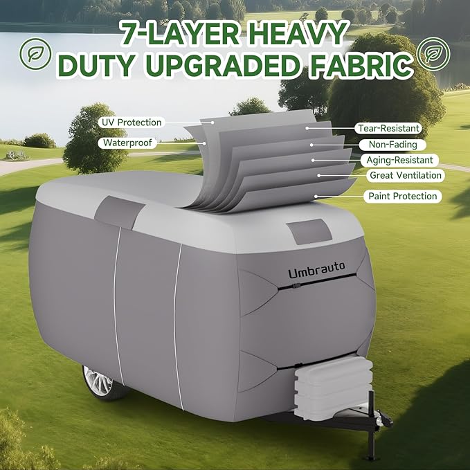 Umbrauto Fiberglass Travel Trailer Cover Fits 13'-16' Trailers, Upgraded 7 Layers Top Camper RV Cover with Windproof Strap,Adhesive Repair Patches
