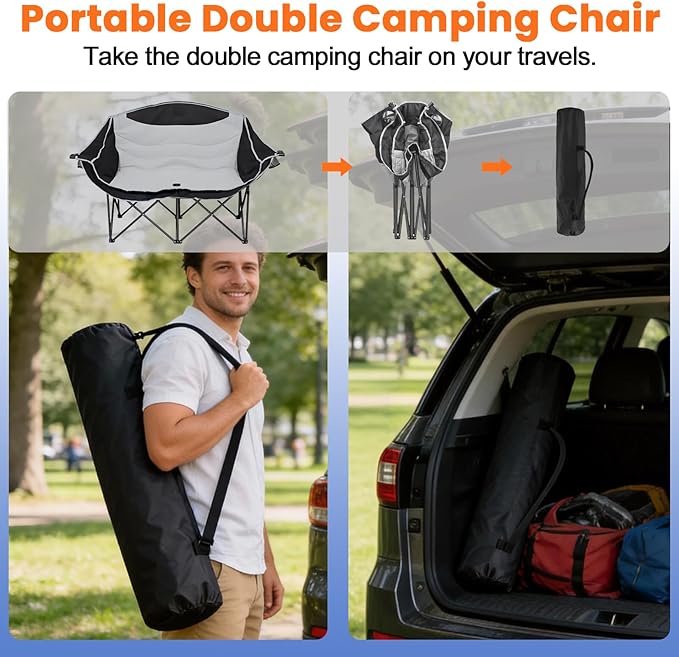 Double Camping Chair Loveseat with Cup Holders, 2 Person Folding Outdoor Chair, 550lbs Heavy Duty, 600D Oxford Fabric Padded Seat, Portable Camping Couch for Camping and Sports Event