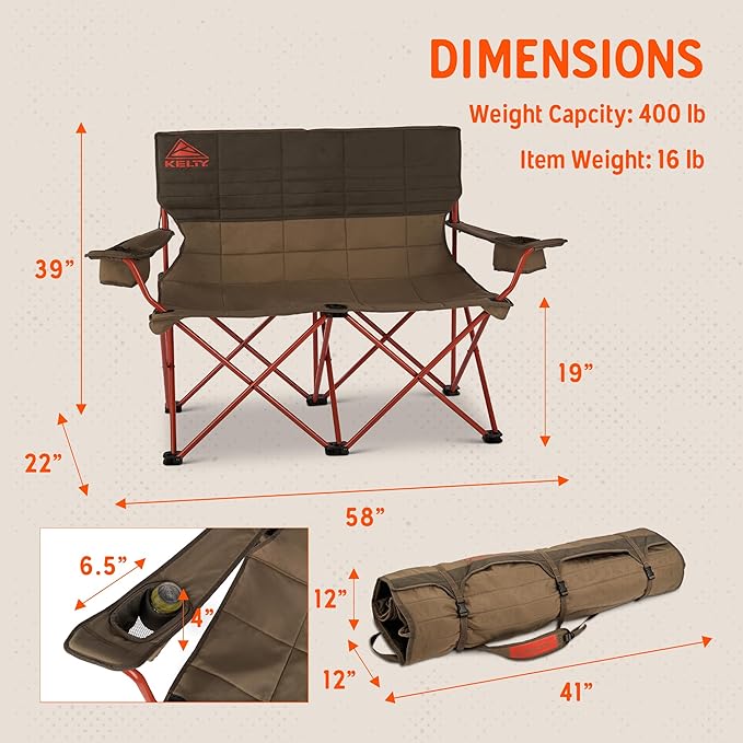 Kelty Loveseat Oversized 2-Person Heavy Duty Folding Camp Chair, Double Seat for Soccer Games, Tailgating, Beach Days (Regular Height/Bungee)