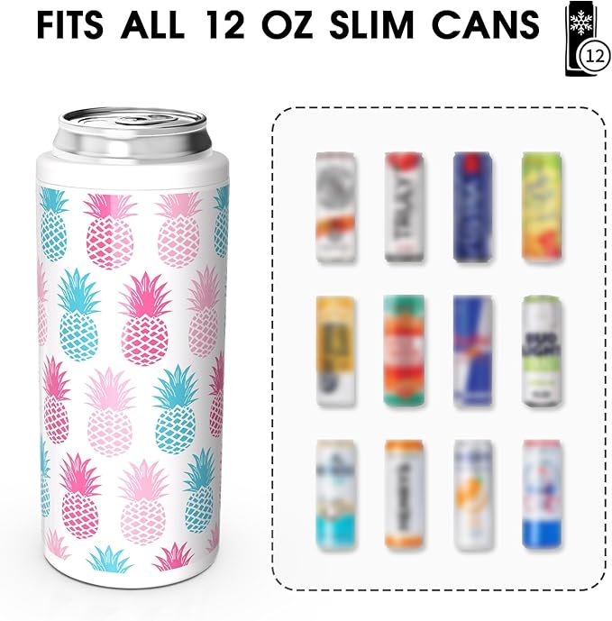 TILUCK Skinny Can Cooler for Slim Beer & Hard Seltzer, Stainless Steel, Doucle-Walled Stainless Steel Insulated Slim Cans, Standard 12 oz (Pineapple-NEW)