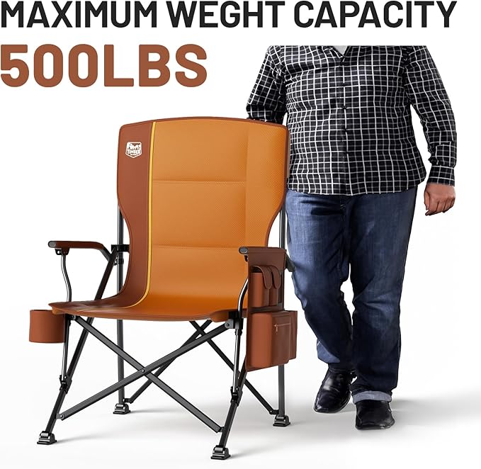 Timber Ridge 500lbs Oversized Folding Camping Chair, Heavy Duty Lawn Chair for Adults, Portable Collapsible High Back Chair with Cup Holder, Side Pocket Cooler Bag, for Outdoor, Sports, Orange