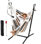 ZEYU Hammock Chair with Stand Double Hammock Chair Bohemian Style with Tassel Mobile Phone Support Manual Adjustable Swing Indoor and Outdoor Garden Porch with Floor mat Reclining Capacity 400 pounds