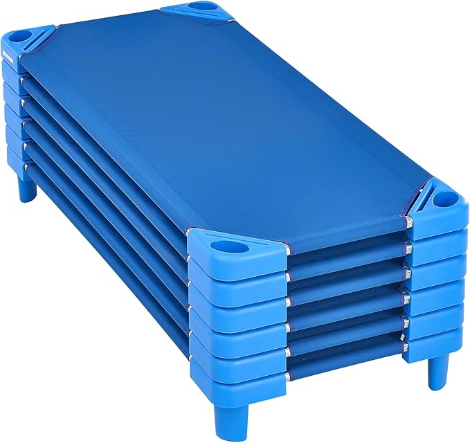 VEVOR Stackable Kiddie Cot, 6 Pack Portable Toddler Nap Cots, Standard Size 52" L x 23" W Daycare Cots for Kids, Preschool Classroom Daycare Beds for Sleeping, Resting, Naptime, Blue