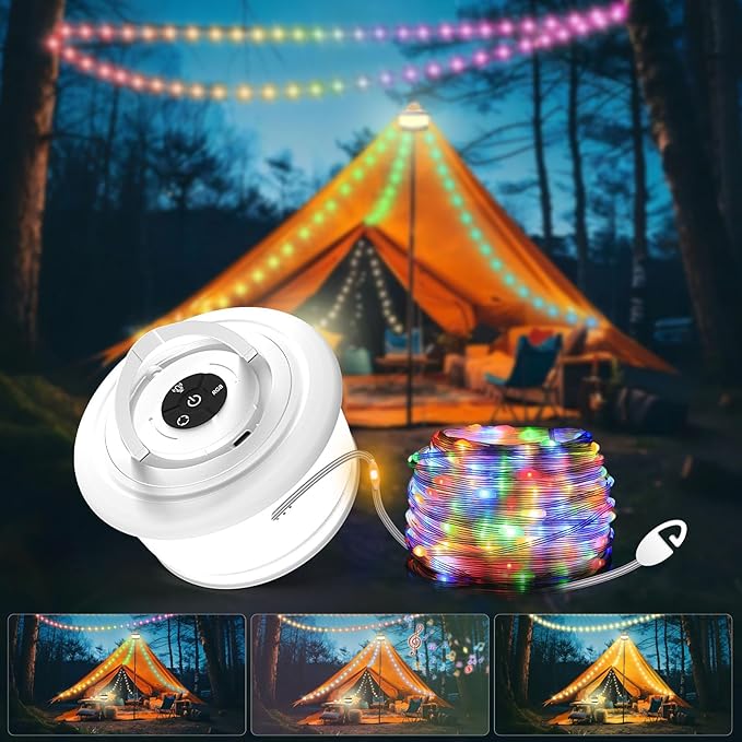 Camping String Lights, 3 in 1 Upgraded Retractable RGB Outdoor String Lights with 19 Lighting Modes, Quick 30s Recovery, 32.8 FT Portable Tent Lights, Rechargeable Camping Lantern (White)