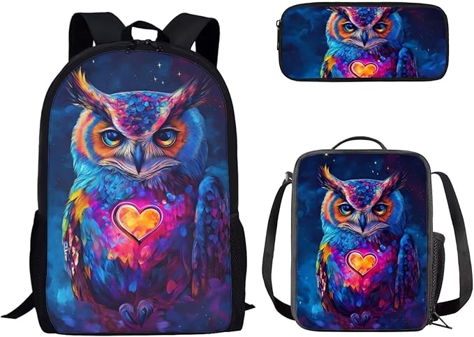 3 PCS Owl Print Travel Backpack Set for Women Men, 17 Inch Knapsack Rucksack Lunch Box with Thermal Insulated Pen Case, Black