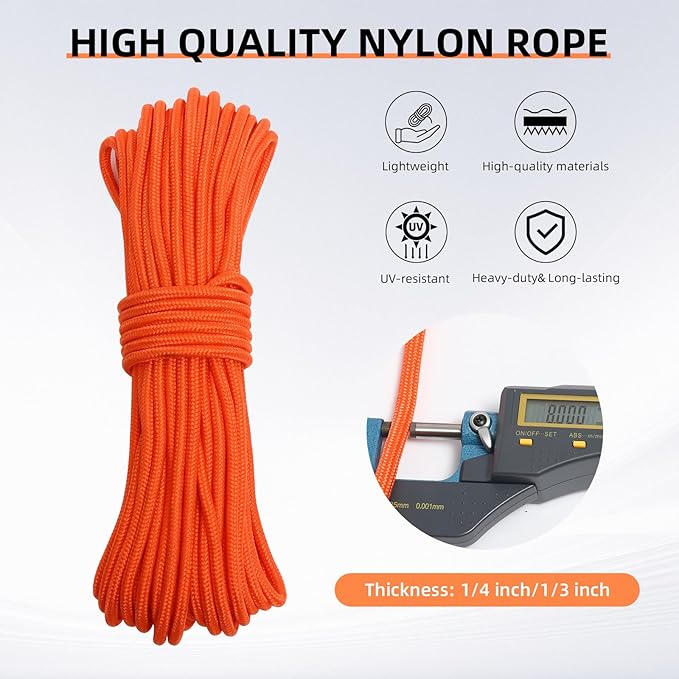 Nylon Rope, 1/3 inch 50FT Nylon Poly Rope Utility Cord Strong Polyester for Camping, Hiking, Clothesline, Tie, Flag Pole, Marine, Swing Outdoor & Indoor (8mm Orange)