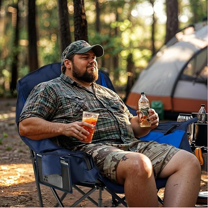 Overmont Oversized XL Camping Chair for Adults - 400lbs Support Heavy-Duty Padded Folding Chair with Side Pocket Cup Holder Cooling Bag for Outdoor Sports Garden Beach Fishing Lawn Blue 2pcs