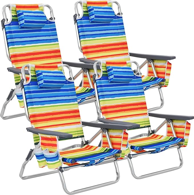 Goplus Beach Chair, Folding Backpack Beach Chairs for Adults with 5 Positions, Head Pillow, Cooler Bag, Towel Bar, Cup Holders, Sunbath Sling Tanning Lounge, Foldable Layout Camping Chairs