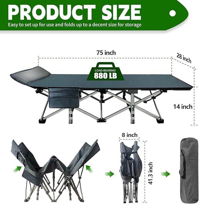 NAIZEA Folding Camping Cot for Adults, Heavy Duty Sleeping Cot with Mattress, Portable Military Cot, Double Layer Oxford Strong Heavy Duty Sleeping Cots with Carry Bag for Camp Office Use