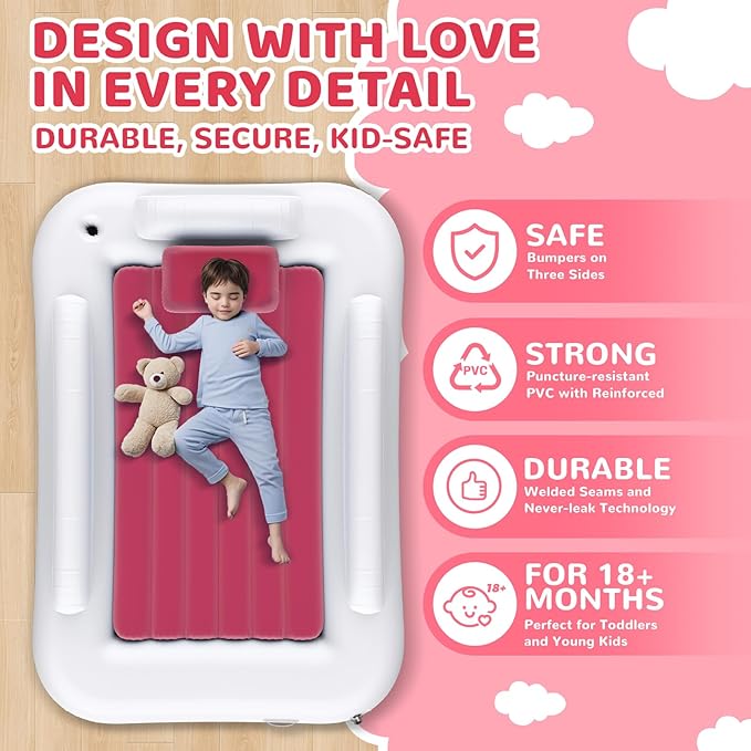 Inflatable Toddler Travel Bed - 60 Inches Portable Toddler Bed for Travel with Safety Sides - Cozy Kids Air Mattress Set with High-Speed Pump & Carry Case - Lightweight & Easy to Inflate(Pink)