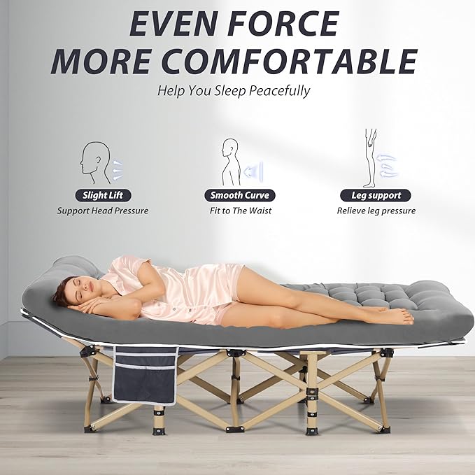 Folding Camping Cot for Sleeping, Portable Cots for Adults, Heavy Duty Cot Bed 550LBS(Max Load), Extra Wider Cots with Large Pocket for Outdoor, Office, Beach