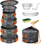 Odoland 15pcs Camping Cookware Non-Stick Lightweight Camping Pots and Pans Set with Kettle Plastic Plates Bowls Soup Spoon for Camping, Backpacking, Outdoor Cooking and Picnic