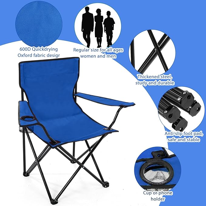 8 Pcs Folding Camping Chairs with Cupholder and Carry Bag Regular Size Portable Lightweight Lawn Chair with Mesh Side Pocket for Fishing Hiking Picnic Beach Outdoor Party (Chic)