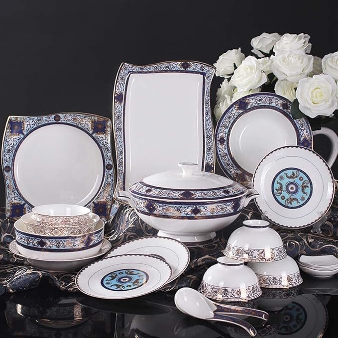 Ceramic Tableware Set with 55 Pieces/Bowl/Soup Pot/Spoon | Bone China Tableware, Blues Garden Pattern Porcelain Combination Set