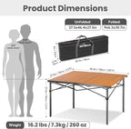 46.4" Large Folding Camping Table for 2-6 People - Heavy Duty Camp Table Foldable with Aluminum Roll-Up Top & Carry Bag - 220lbs Capacity, Portable for BBQ, Tailgating, Backyard (Natural)