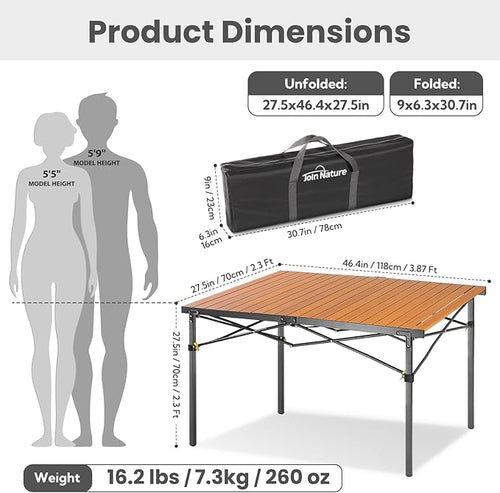 46.4" Large Folding Camping Table for 2-6 People - Heavy Duty Camp Table Foldable with Aluminum Roll-Up Top & Carry Bag - 220lbs Capacity, Portable for BBQ, Tailgating, Backyard (Natural)