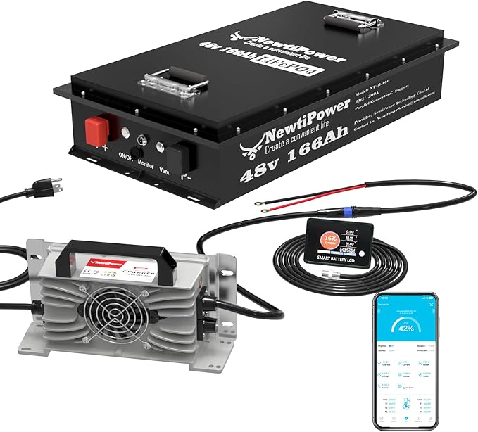 48V 166Ah Golf Cart LiFePO4 Battery with Charger&Monitor, 8499Wh Lithium Battery with 200A BMS, Up to 10000+ Rechargeable Cycles, Perfect for Golf Cart, Solar Power Storage (48V*166Ah)