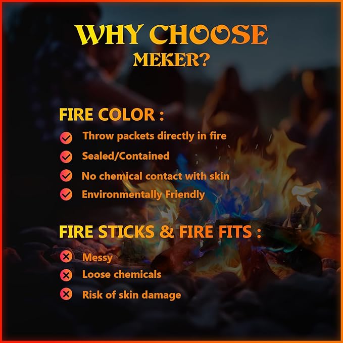 MEKER Fire Color Changing Packets - Fire Pit, Campfires, Outdoor Fireplaces, Bonfire - Magic Colorful Changing Fire - Perfect Fire Camping Accessories for Kids & Adults (24 Pack)