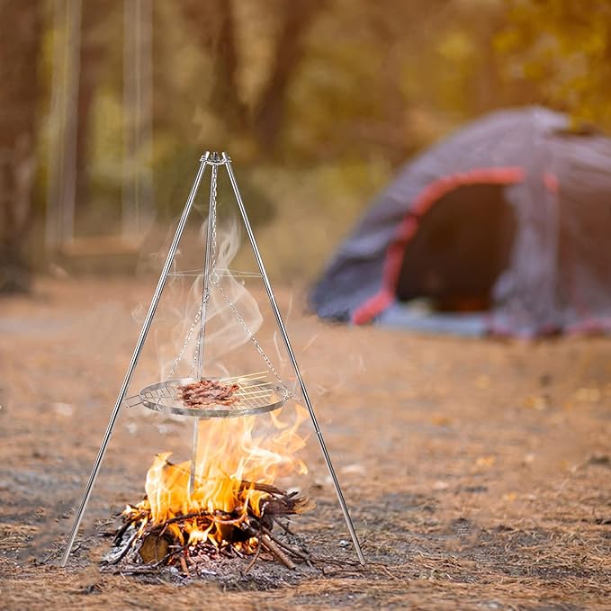 Lineslife Campfire Tripod Grill for Cooking, Durable Stainless Steel Camping Fire Tripod Grill with Round Grate and Carrying Bag for Outdoor BBQ, Silver