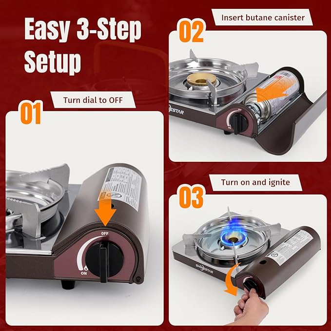SHINESTAR 14000 BTU Butane Camping Stove, Double Wind-Guard Portable Butane Stove for Camping, Hiking, Emergencies, Tailgating Essentials, Carrying Case Included, Brown