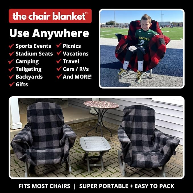 CITYBONFIRES The Chair Blanket – Reversible, Waterproof & Polar-Lined - Stretchable Elastic Back - Original Patio Chair Cover – Ideal for Homes and Outdoor Furniture- with Carry Pouch – Gray Plaid